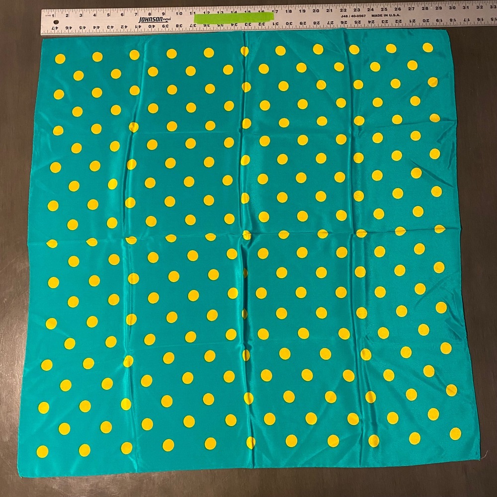 Vintage Teal Green and Yellow Polka Dot Square Scarf Satin Neckerchief 20x20